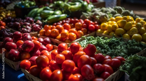 A group of fresh produce at a farmers market. Generative AI. 