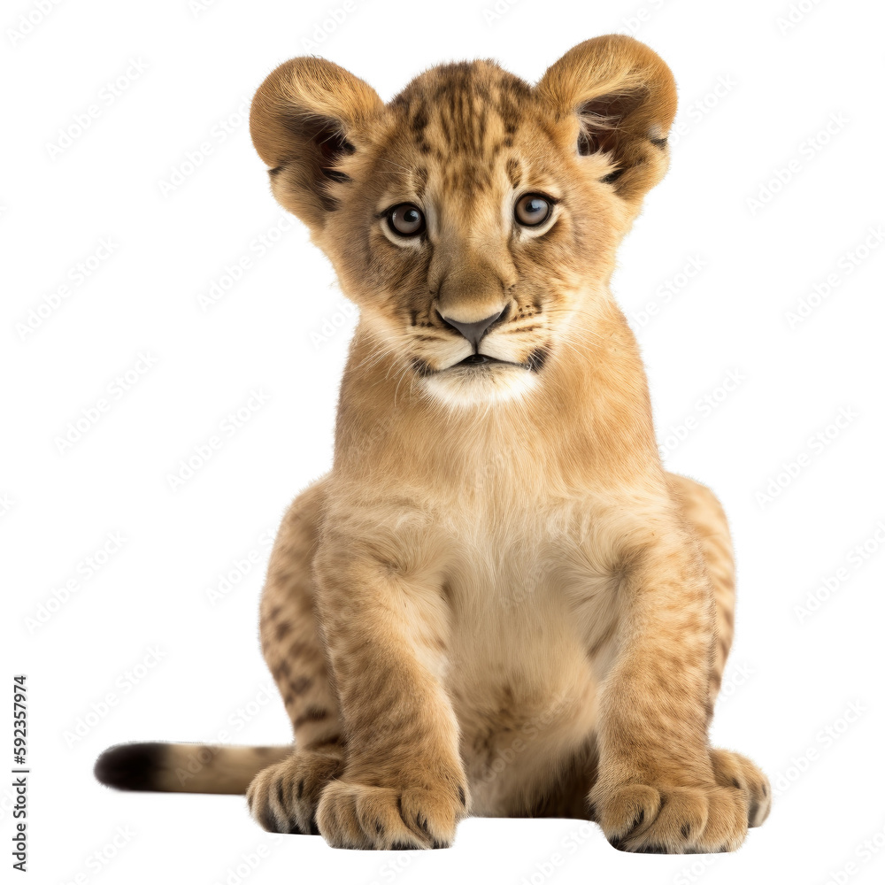 lion cub sitting , isolated on transparent background cutout , generative ai - obrazy, fototapety, plakaty 