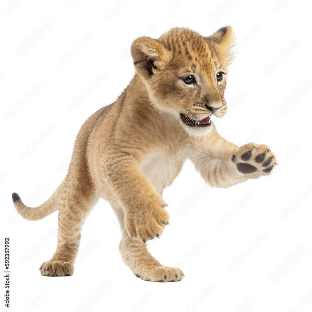 lion cub playing , isolated on transparent background cutout , generative ai