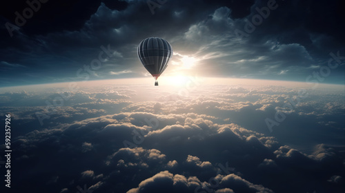 Hot air balloon high above the atmosphere of the Earth. Future space tourism. Space exploration fantasy.