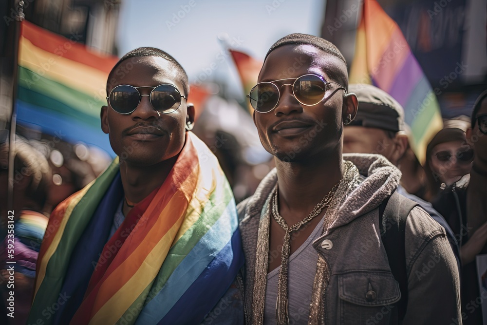 Portrait of a gay couple looking at the camera at a parade Portrait of a gay couple looking at the camera at a parade