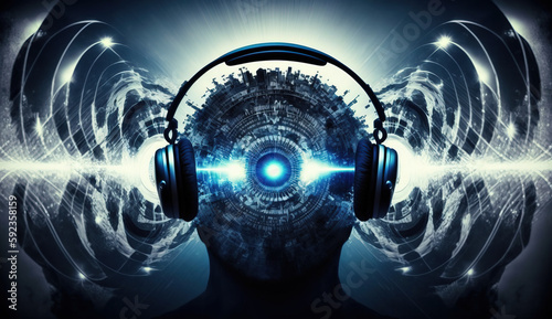 Listening to music in headphones. Binaural beats, audio technology. Digital illustration.