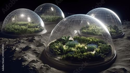 Fototapeta Naklejka Na Ścianę i Meble -  Greenhouses with green plants and vegetables on the surface of an alien planet or moon. Space colony.