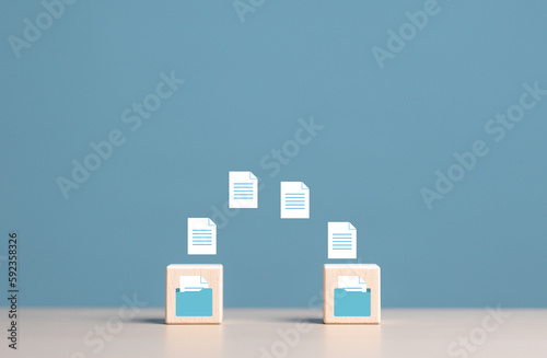 Data copy or move , Transfer files of data between folders, Backup data, Exchange of file on folder, Send document to the internet, Wooden blocks with virtual document loading to another folder.