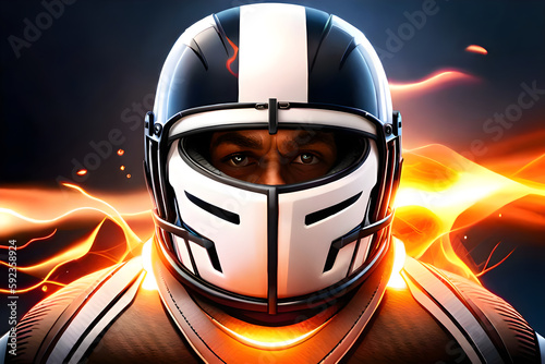 Football player with helmet and fire around. American football helmet. Created using generative AI.