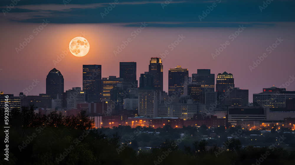 Fototapeta premium City at night, full moon in the background, Generative AI