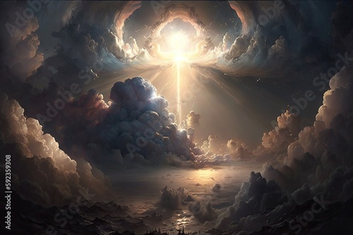 a view of the heavenly realm, with its expansive clouds and brilliant light, created with generative ai