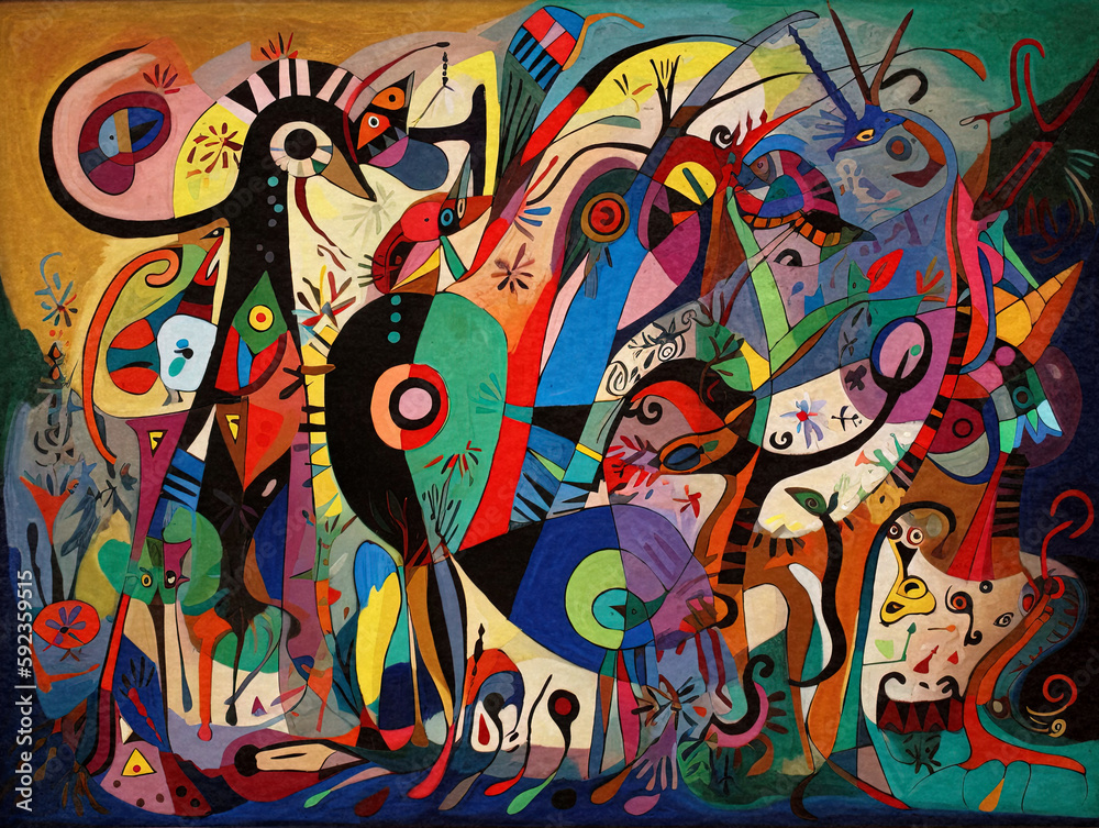 Colorful Modern Naive and Abstract Painting with Vibrant Animalistic Forms - generative ai