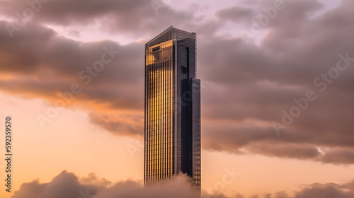 Skyscraper at sunset, clouds in background, Generative AI