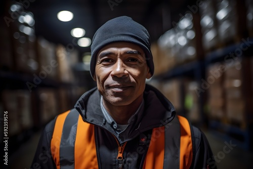 Portrait of a happy male employee at manufacturing industry with stacked of cardboard boxes. Warehouse worker. Storage background. Generative ai.