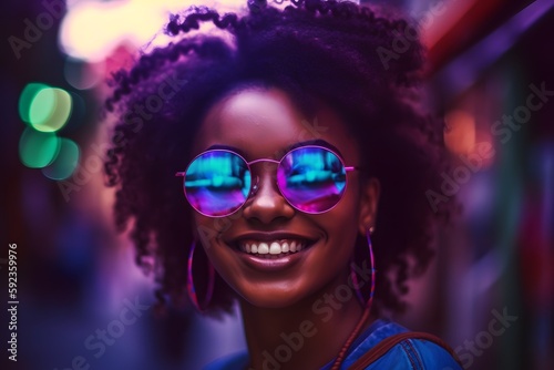 Fashion look. Cheerful black woman on the street. Retro 80s outfit and haircut and sunglasses. Generative Ai. Retrowave style. Boho style. © ckybe