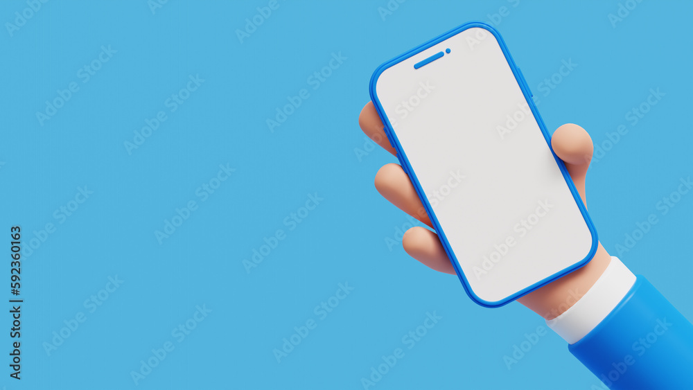 Businessman character hand holding a phone with white screen. Cartoon hand holding smartphone isolated on blue background. 3D Illustration - obrazy, fototapety, plakaty 