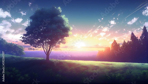 Afternoon sunset sky clouds landscape - Anime Background. Generative ai.