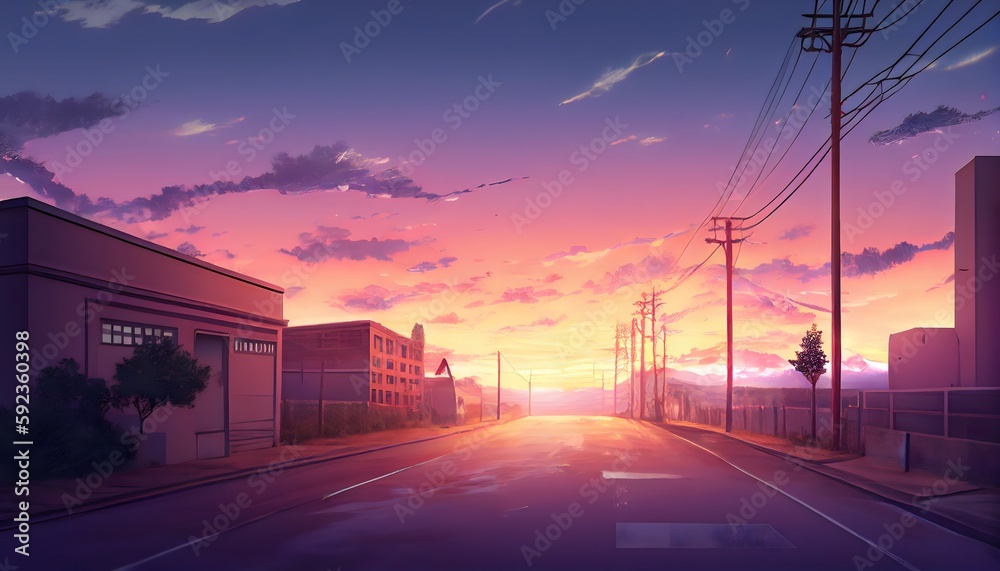 Afternoon sunset sky clouds landscape - Anime Background. Generative ai. Empty road and city.