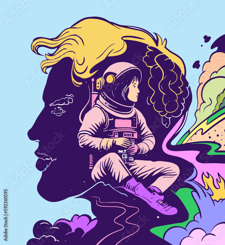 astronauts with men silhouette. Pop art retro vector hand drawn illustration. modern surrealism art graphic illustration