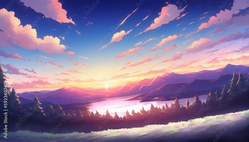 Afternoon sunset sky clouds landscape - Anime Background. Generative ai.