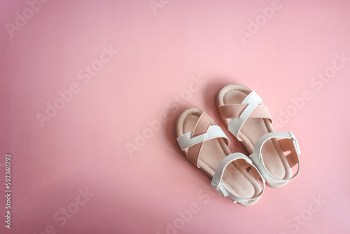 Child's shoes on color background top view, flat lay