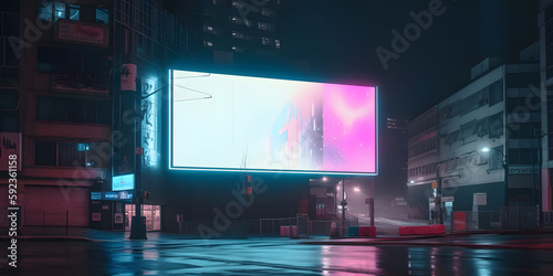 Neon future Illustration sketch of the futuristic city in the style of cyberpunk. Empty street with neon lights and big glowing billboard mockup. Generative ai.
