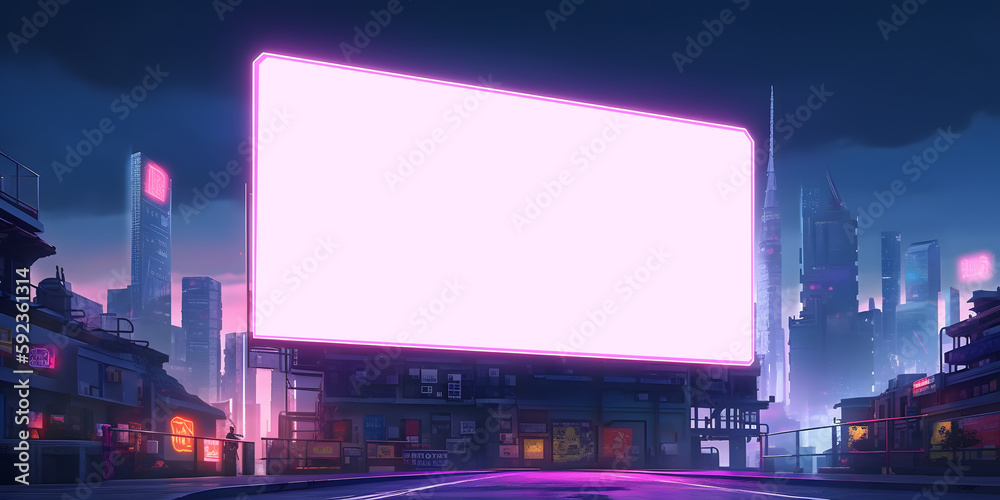Neon future Illustration sketch of the futuristic city in the style of cyberpunk. Empty street with neon lights and big glowing billboard mockup. Generative ai. - obrazy, fototapety, plakaty 