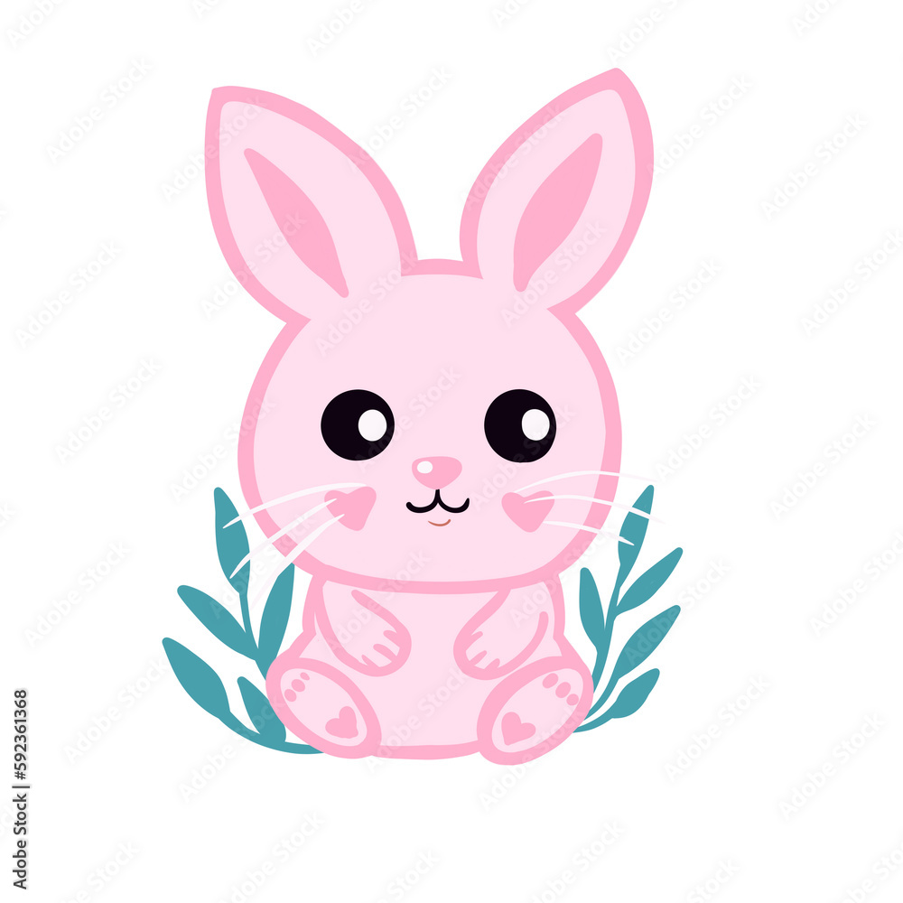 Fototapeta premium easter bunny with leaves, cute pink rabbit