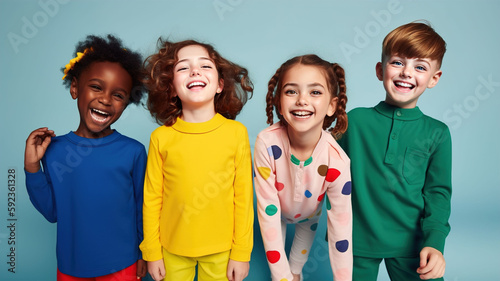 A group of  cheerful multiethnic children hugging, posing smiling kids of different skin tones and nationalities, on blue background