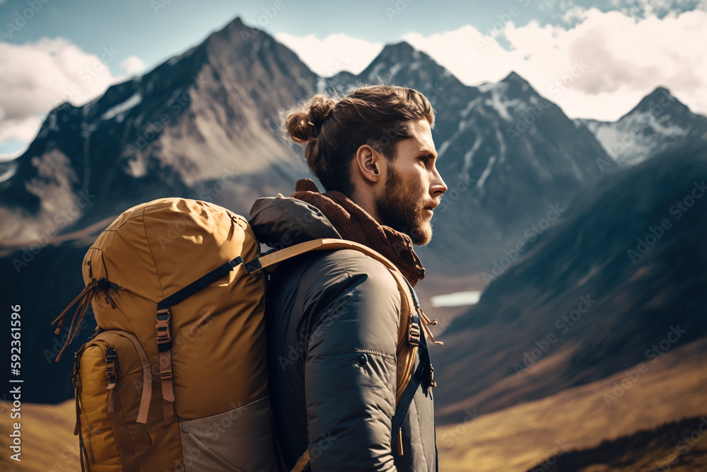 Bearded man with a backpack is hiking through a scenic mountain valley, on sunrise. Hiker enjoying an early morning hike, taking in the breathtaking mountain view. AI Generative