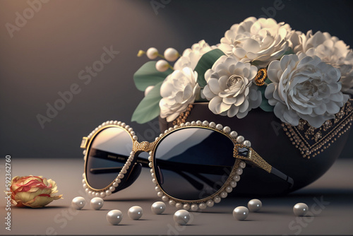  Glamour female sunglasses on the table. Super photo realistic background. Generative ai illustration