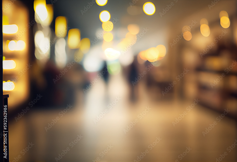Warm light. Blur light background at shop in mall for business background, blurry abstract bokeh at interior hallway. Generative ai.