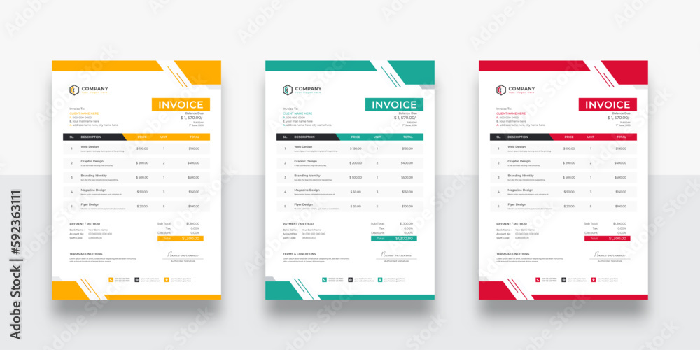 clean and simple business invoice template. creative invoice Template Paper Sheet Include Accounting, Price, Tax, and Quantity. With color variation Vector illustration of Finance
