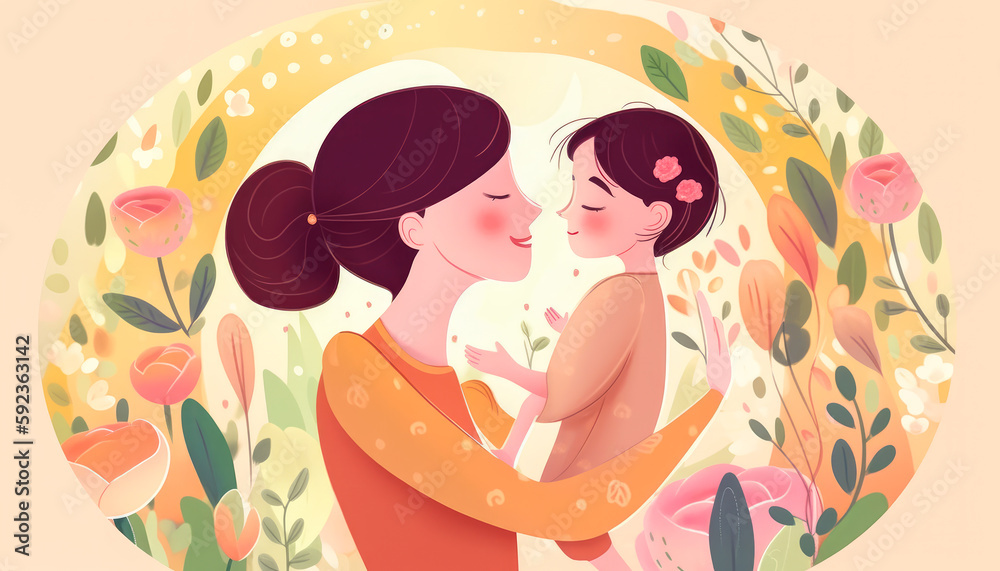 Illustration of mother and child against flower background. Concept of Mother`s day, Mother`s love, relationships between mother and child. Generative AI.