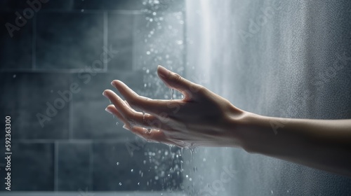  Jet of water falling over woman s hand in modern bathroom  realistic  photography  generative ai