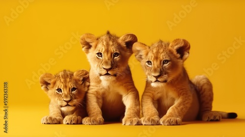  lion cubs. Advertisement concept with wide copy space for text, yellow background, 8k, photography, sharpened, hyperrealistic, generative ai