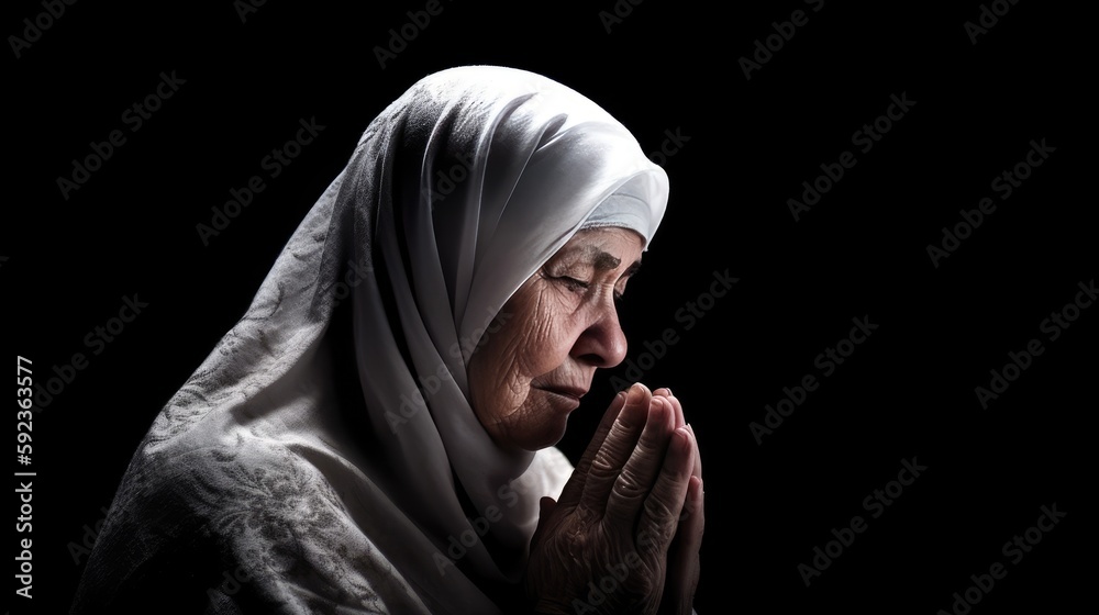  Old muslim woman praying for god to bless her and give her strength, no face, realistic, faith, moonlighting, photography, generative ai