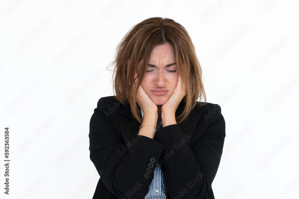 Close up portrait of hysterical business woman isolated on white background	