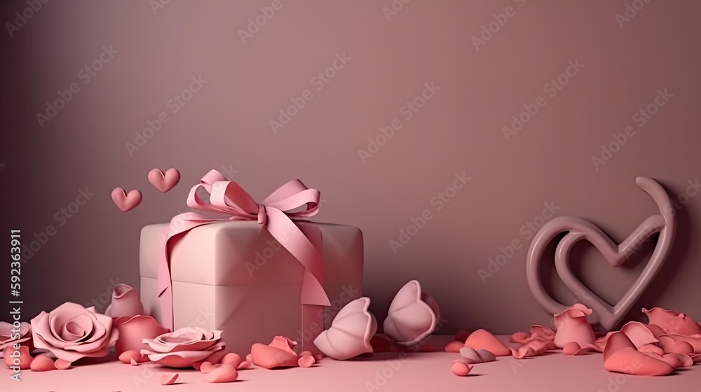 Valentines Day background with pink roses, bow and paper Hearts, realistic, 8k, epic, photography, generative ai Valentines Day background with pink roses, bow and paper Hearts, realistic, 8k, epic, photography, generative ai