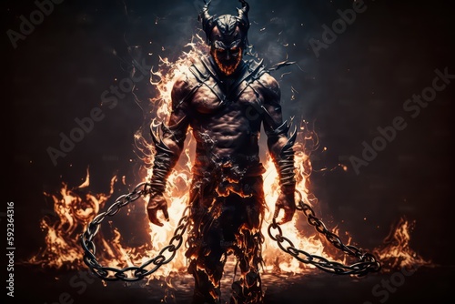 Horned blindfolded demon born in flames wounded skin burn. Fantasy demons. Generative AI.