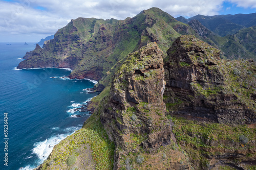 Aerial view along the Atlantic Ocean near Benijo in the Anaga Natural Park in Tenerife Canary Islands