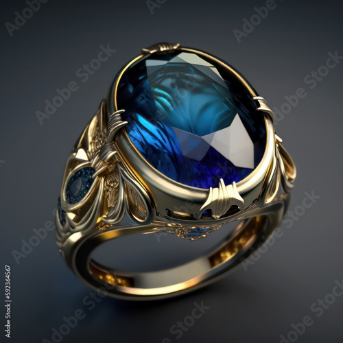 Blue diamond ring. Fantasy ring in 3d illustration style. Generative AI.