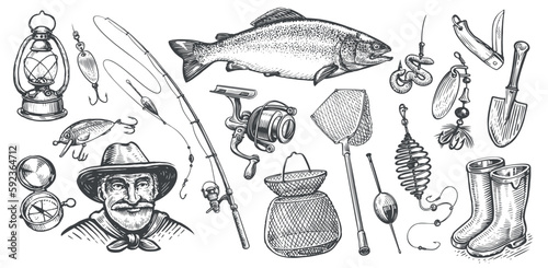 Fishing concept, set vector. Collection of hand-drawn sketch illustrations on the theme of catching fish
