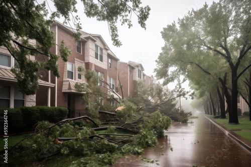 hailstorm battering residential neighborhood, with winds uprooting trees and damaging homes, created with generative ai photo