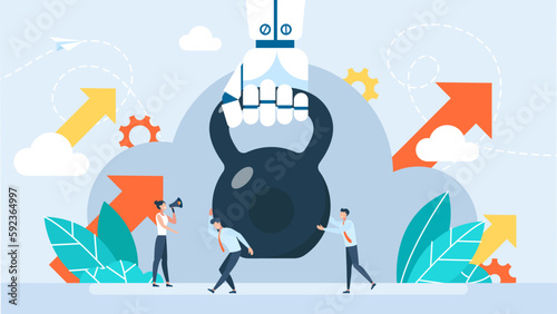 Robot lifts a heavy weight. Artificial intelligence assistance, robotic automation and machine learning technology concept. Cooperation between robots and people. Solution AI. Vector flat illustration