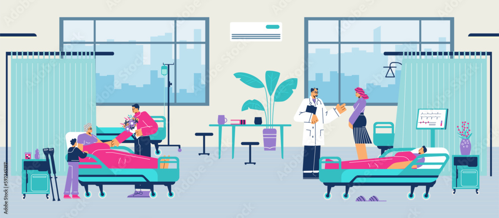 Hospital scene with beds, doctors, patients and visiting people - flat vector illustration. Hospital scene with beds, doctors, patients and visiting people - flat vector illustration.