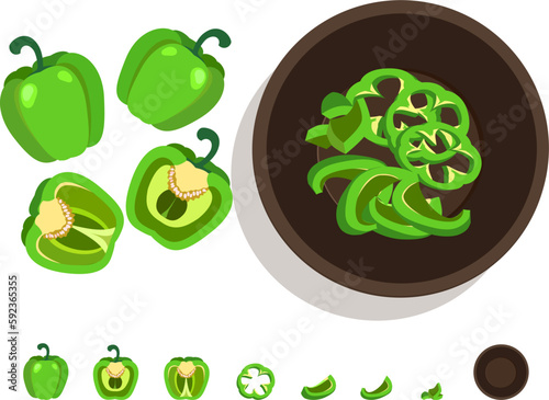 Green hot chilli pepper paprika jalapeno whole cut half slice chopped set on a bowl vector isolated on white