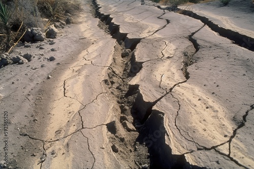 close-up of earthquake fault line, with visible cracks and ruptures in the ground, created with generative ai photo