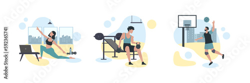 Set of cartoon characters of young people doing sports exercises. Practicing yoga, lifting weight and playing basketball. Healthy and active lifestyle. Vector