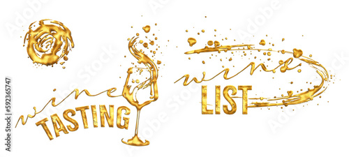 Wine Designs - Collection of wine glasses. Hand drawn elements for invitation cards, advertising banners, menus in gold style. Wine glasses with splashing wine. Sketch vector illustration.