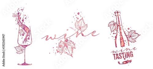WINE DESIGNS - Collection of wine glasses and bottles. Hand drawn elements for invitation cards, advertising banners, menus in gold style. Wine glasses with splashing wine. Sketch vector illustration.