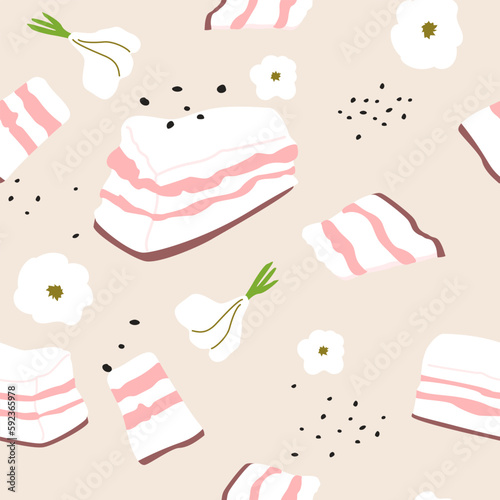 Seamless pattern of national Ukrainian raw salty pork salo with garlic and pepper.