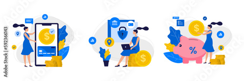 Set of colored cartoon characters making money investment. Banking services and digital transactions. Secure finance management. Loan disbursement process. Vector