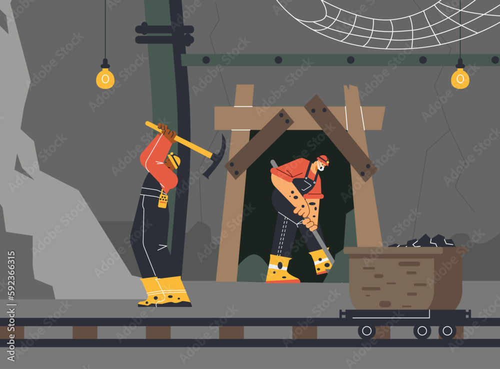Mine And Rake Animation Miners using pickaxe and shovel extracting coal and minerals ...